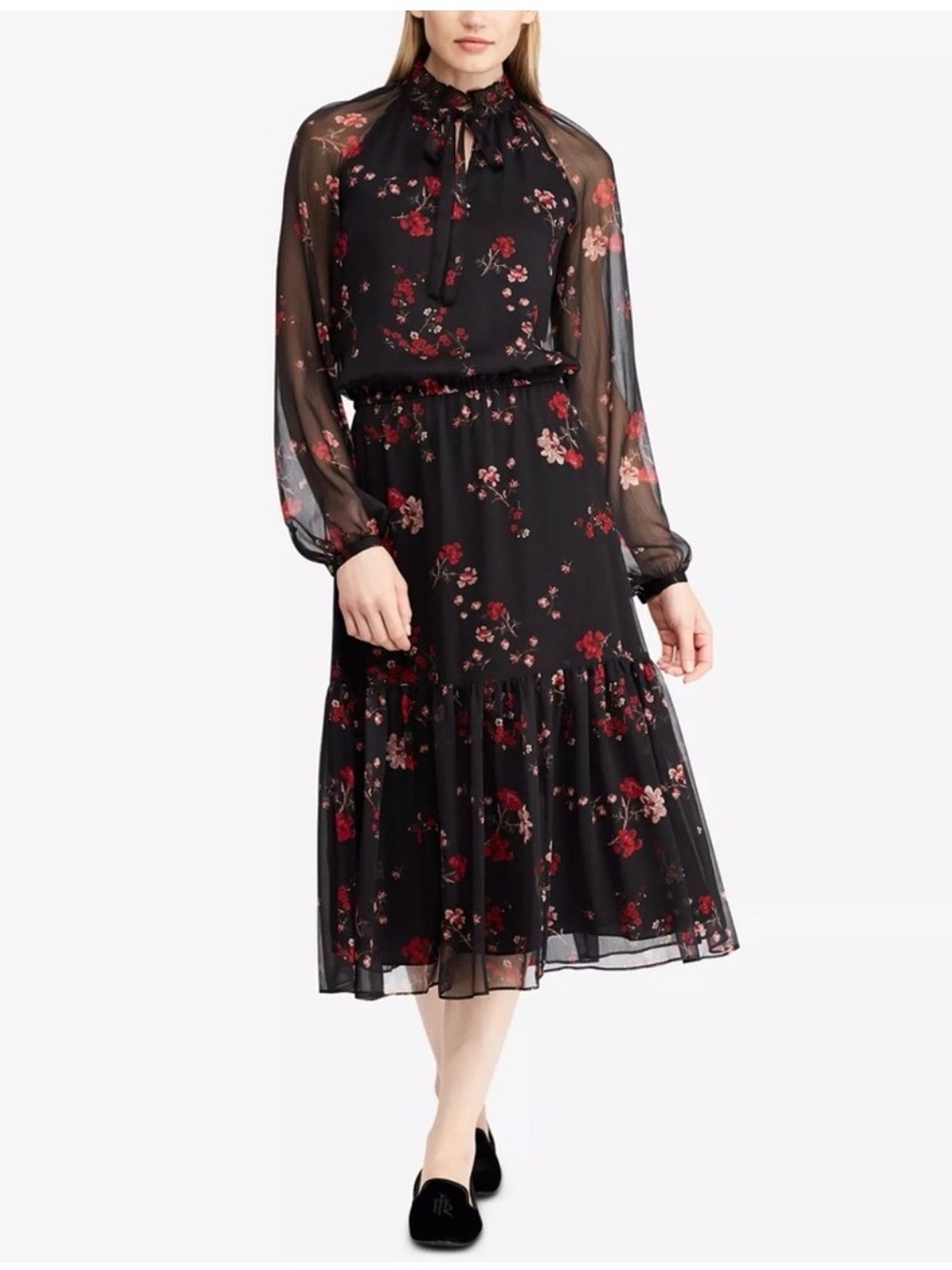 Ralph Lauren Black Sheer Long-Sleeve Floral Midi Dress with Red Blossoms